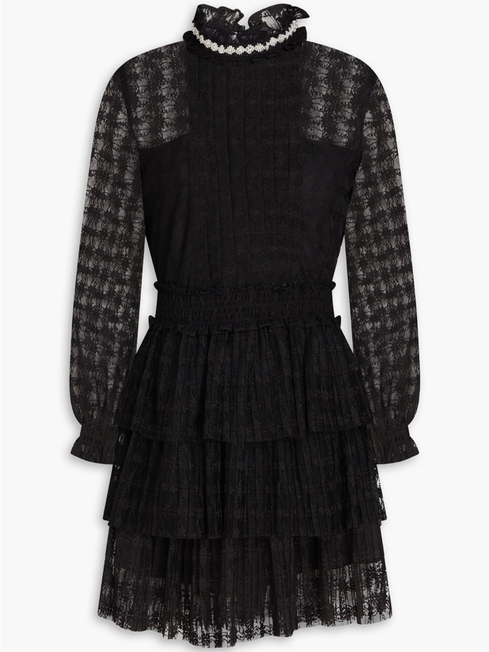 NWOT Sandro Louna Black Lace Dress Long-Sleeve Mini Ruffle Elegant Retro S